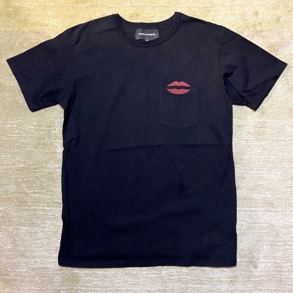 Bianca Chandon black pocket tee with lips motif